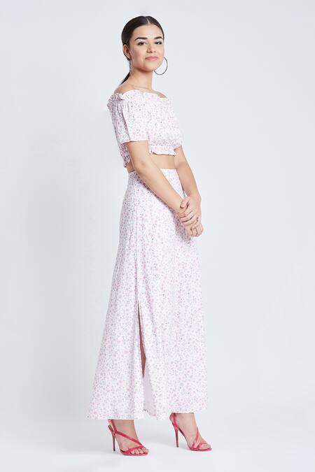 Bohobi Pink Cotton Off-shoulder Daisy Love Floral Print Top And Skirt Set at Aza Fashions Bohobi_Pink Cotton Off-shoulder Daisy Love Floral Print Top And Skirt Set _at_Aza_Fashions