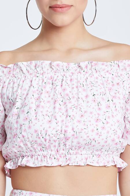 Shop Bohobi Pink Cotton Off-shoulder Daisy Love Floral Print Top And Skirt Set Shop_Bohobi_Pink Cotton Off-shoulder Daisy Love Floral Print Top And Skirt Set