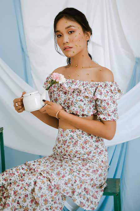 Shop_Bohobi_Off White Cotton Embroidery Off-shoulder Floral Top And Skirt Set _at_Aza_Fashions