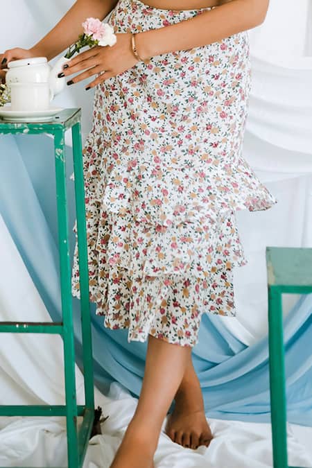 Bohobi_Off White Cotton Embroidery Off-shoulder Floral Top And Skirt Set _Online_at_Aza_Fashions