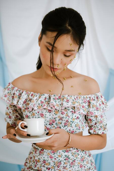 Shop_Bohobi_Off White Cotton Embroidery Off-shoulder Floral Top And Skirt Set _Online_at_Aza_Fashions