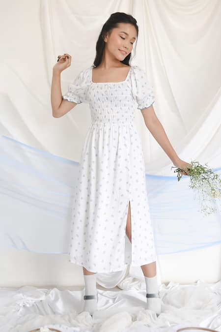 Bohobi White Cotton Printed Floral Square Fresh Breeze Slit Dress 