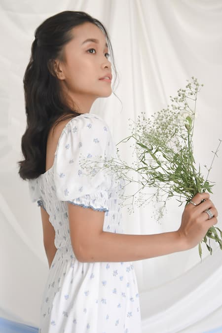 Shop Bohobi White Cotton Square Neck Fresh Breeze Printed Slit Dress at Aza Fashions Shop_Bohobi_White Cotton Square Neck Fresh Breeze Printed Slit Dress _at_Aza_Fashions