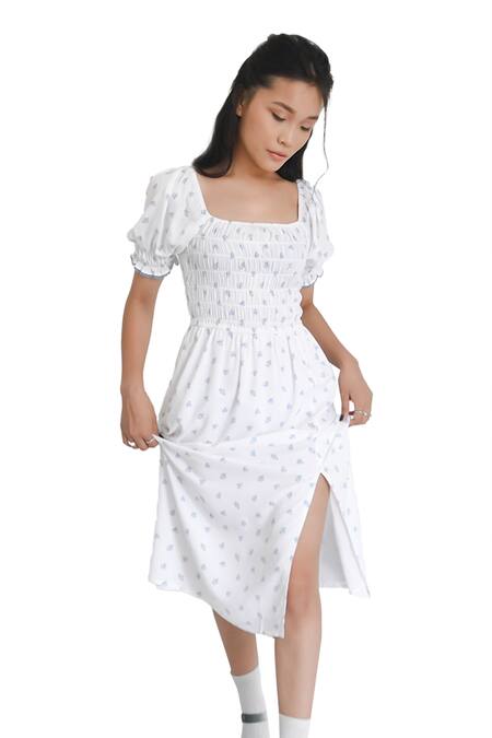 Buy Bohobi White Cotton Square Neck Fresh Breeze Printed Slit Dress Online at Aza Fashions Buy_Bohobi_White Cotton Square Neck Fresh Breeze Printed Slit Dress _Online_at_Aza_Fashions