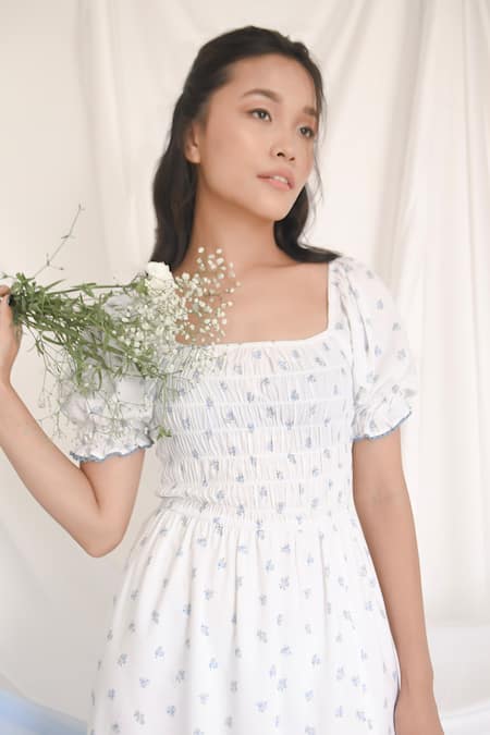 Shop Bohobi White Cotton Square Neck Fresh Breeze Printed Slit Dress Online at Aza Fashions Shop_Bohobi_White Cotton Square Neck Fresh Breeze Printed Slit Dress _Online_at_Aza_Fashions
