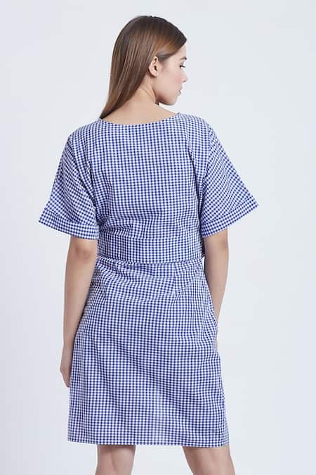 Shop Bohobi Blue Cotton Round Neck Gingham Love Pattern Dress at Aza Fashions Shop_Bohobi_Blue Cotton Round Neck Gingham Love Pattern Dress _at_Aza_Fashions