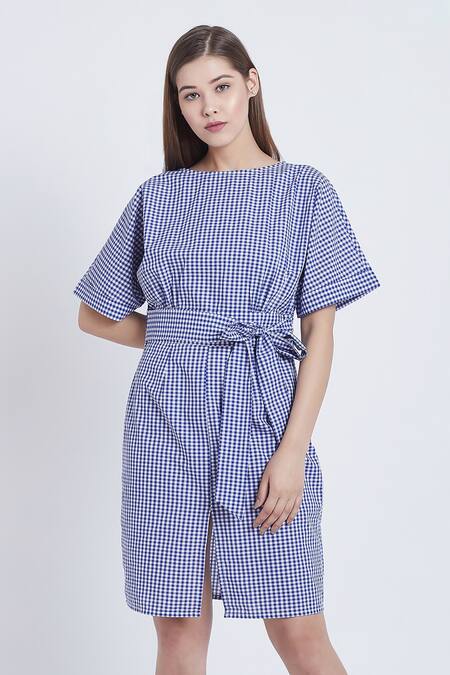 Bohobi Blue Cotton Round Neck Gingham Love Pattern Dress Online at Aza Fashions Bohobi_Blue Cotton Round Neck Gingham Love Pattern Dress _Online_at_Aza_Fashions
