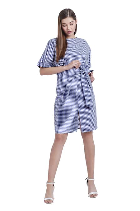 Buy Bohobi Blue Cotton Round Neck Gingham Love Pattern Dress Online at Aza Fashions Buy_Bohobi_Blue Cotton Round Neck Gingham Love Pattern Dress _Online_at_Aza_Fashions