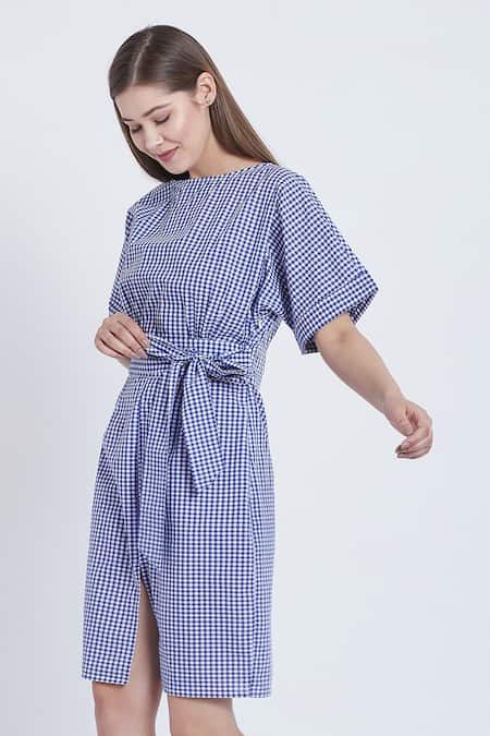 Shop Bohobi Blue Cotton Round Neck Gingham Love Pattern Dress Online at Aza Fashions Shop_Bohobi_Blue Cotton Round Neck Gingham Love Pattern Dress _Online_at_Aza_Fashions