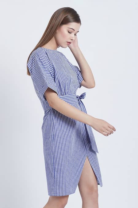 Bohobi Blue Cotton Round Neck Gingham Love Pattern Dress at Aza Fashions Bohobi_Blue Cotton Round Neck Gingham Love Pattern Dress _at_Aza_Fashions