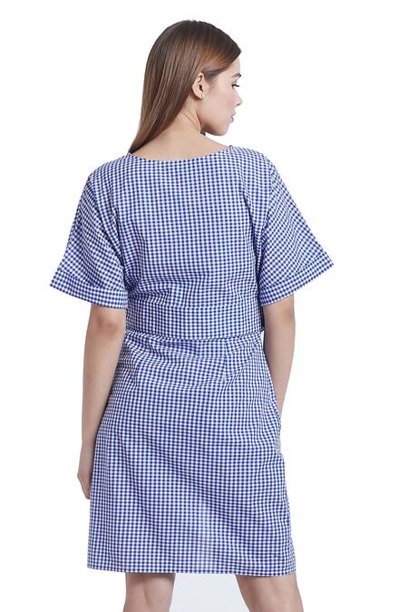 Buy Bohobi Blue Cotton Round Neck Gingham Love Pattern Dress Buy_Bohobi_Blue Cotton Round Neck Gingham Love Pattern Dress