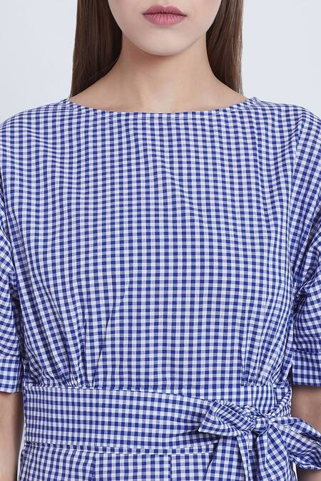 Shop Bohobi Blue Cotton Round Neck Gingham Love Pattern Dress Shop_Bohobi_Blue Cotton Round Neck Gingham Love Pattern Dress