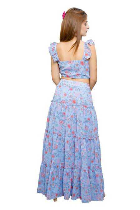 Shop Bohobi Blue Georgette Square Neck Girl Like Printed Crop Top With Skirt Online at Aza Fashions Shop_Bohobi_Blue Georgette Square Neck Girl Like Printed Crop Top With Skirt _Online_at_Aza_Fashions