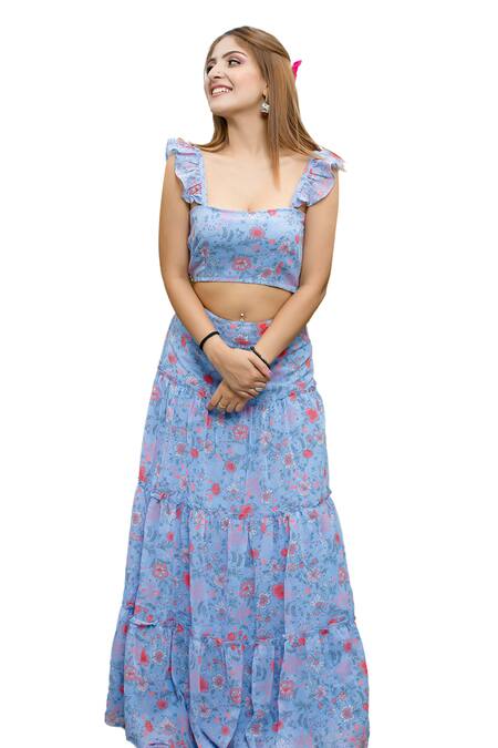 Bohobi Blue Georgette Square Neck Girl Like Printed Crop Top With Skirt at Aza Fashions Bohobi_Blue Georgette Square Neck Girl Like Printed Crop Top With Skirt _at_Aza_Fashions