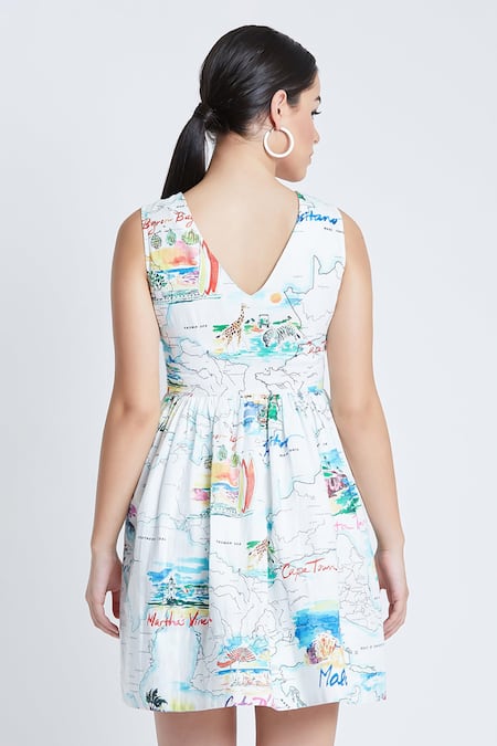 Shop Bohobi White Cotton Round Neck Globe Print Dress at Aza Fashions Shop_Bohobi_White Cotton Round Neck Globe Print Dress _at_Aza_Fashions