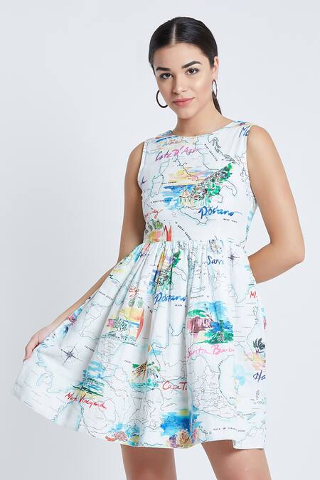 Bohobi White Cotton Round Neck Globe Print Dress Online at Aza Fashions Bohobi_White Cotton Round Neck Globe Print Dress _Online_at_Aza_Fashions