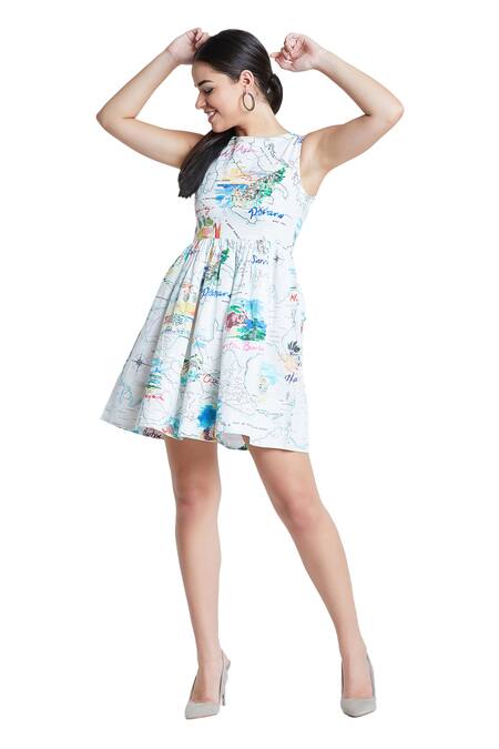 Buy Bohobi White Cotton Round Neck Globe Print Dress Online at Aza Fashions Buy_Bohobi_White Cotton Round Neck Globe Print Dress _Online_at_Aza_Fashions