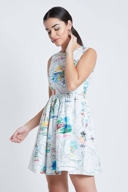 Shop Bohobi White Cotton Round Neck Globe Print Dress Online at Aza Fashions Shop_Bohobi_White Cotton Round Neck Globe Print Dress _Online_at_Aza_Fashions