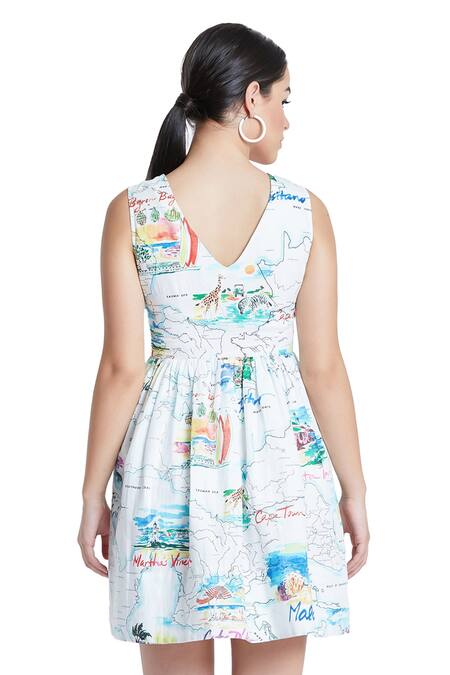 Bohobi White Cotton Round Neck Globe Print Dress at Aza Fashions Bohobi_White Cotton Round Neck Globe Print Dress _at_Aza_Fashions