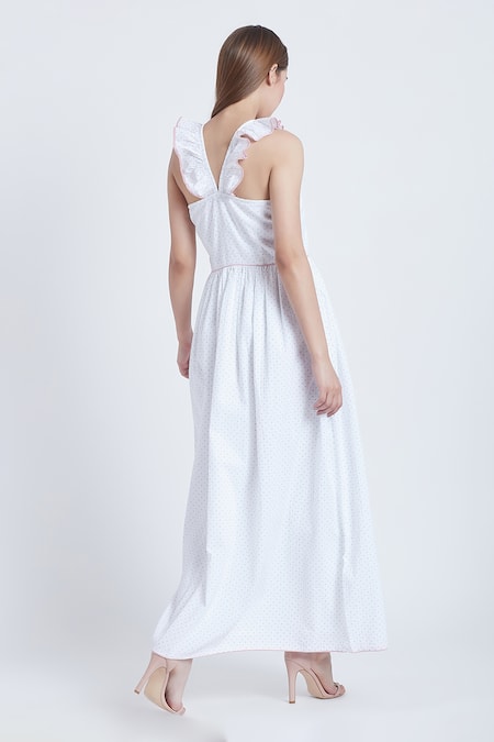 Shop Bohobi White Cotton V-neck Go Graceful Dot Print Dress at Aza Fashions Shop_Bohobi_White Cotton V-neck Go Graceful Dot Print Dress _at_Aza_Fashions