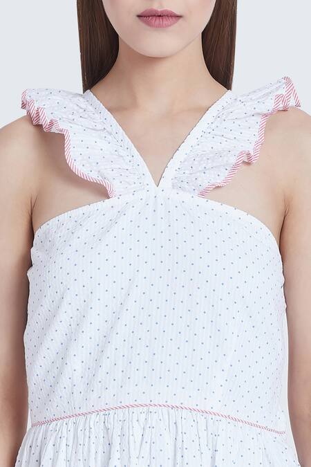 Bohobi White Cotton V-neck Go Graceful Dot Print Dress at Aza Fashions Bohobi_White Cotton V-neck Go Graceful Dot Print Dress _at_Aza_Fashions