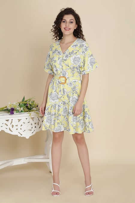 Bohobi Yellow Cotton Printed Floral V-neck Sunshine Frill Dress 