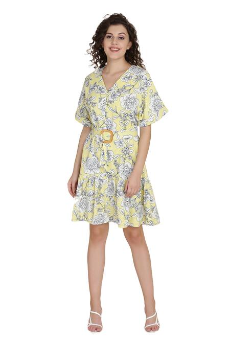 Bohobi Yellow Cotton V-neck Sunshine Printed Frill Dress Online at Aza Fashions Bohobi_Yellow Cotton V-neck Sunshine Printed Frill Dress _Online_at_Aza_Fashions