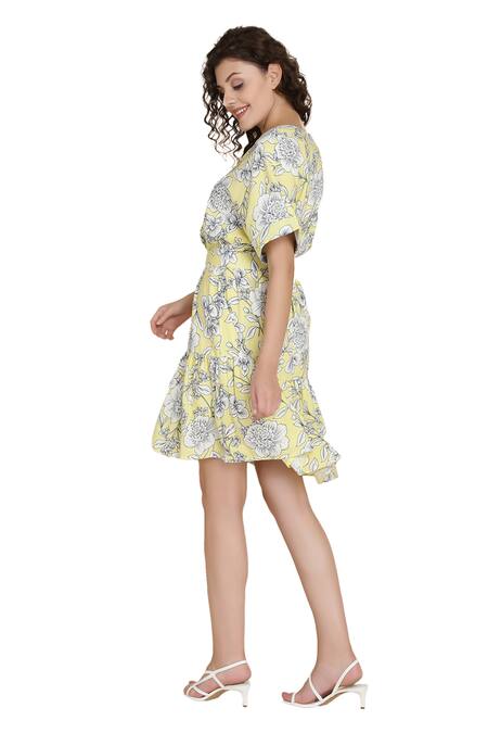 Bohobi Yellow Cotton V-neck Sunshine Printed Frill Dress at Aza Fashions Bohobi_Yellow Cotton V-neck Sunshine Printed Frill Dress _at_Aza_Fashions