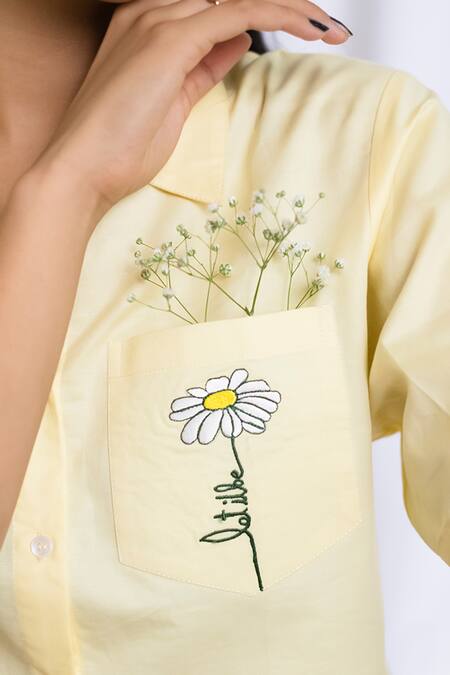 Buy Bohobi Yellow Cotton Embroidered Floral Shirt Collar Let It Be Crop Online at Aza Fashions Buy_Bohobi_Yellow Cotton Embroidered Floral Shirt Collar Let It Be Crop_Online_at_Aza_Fashions