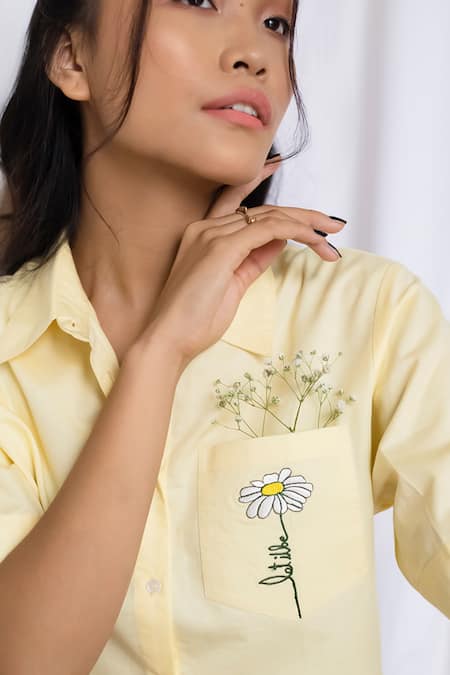 Shop Bohobi Yellow Cotton Embroidered Floral Shirt Collar Let It Be Crop Online at Aza Fashions Shop_Bohobi_Yellow Cotton Embroidered Floral Shirt Collar Let It Be Crop_Online_at_Aza_Fashions