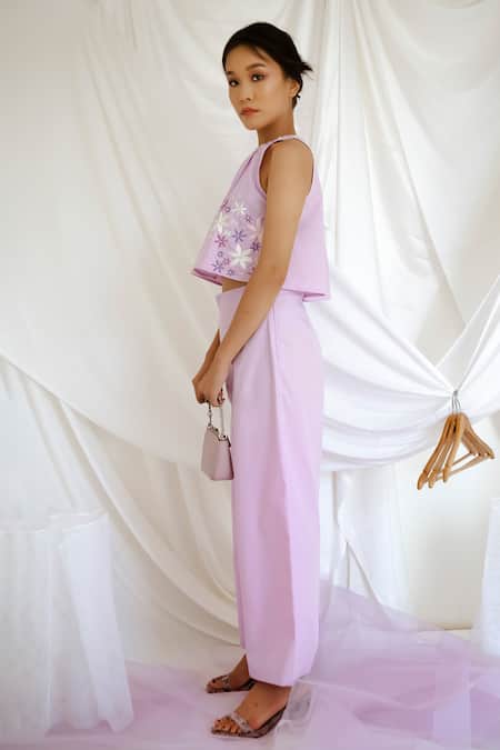 Shop Bohobi Purple Cotton Embroidery Round Neck Floral Crop Top With Pant at Aza Fashions Shop_Bohobi_Purple Cotton Embroidery Round Neck Floral Crop Top With Pant _at_Aza_Fashions