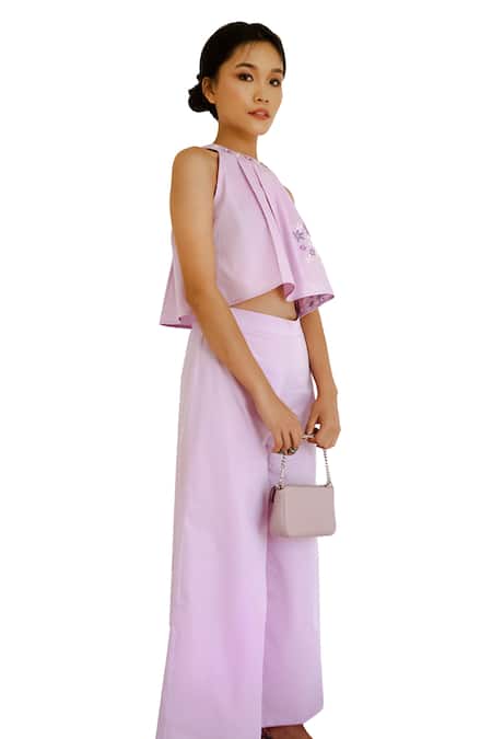 Buy Bohobi Purple Cotton Embroidery Round Neck Floral Crop Top With Pant Online at Aza Fashions Buy_Bohobi_Purple Cotton Embroidery Round Neck Floral Crop Top With Pant _Online_at_Aza_Fashions