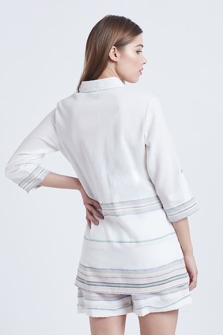 Shop Bohobi White Cotton Collared Loved By All Woven Shirt With Shorts at Aza Fashions Shop_Bohobi_White Cotton Collared Loved By All Woven Shirt With Shorts _at_Aza_Fashions