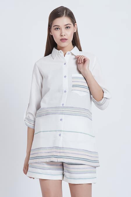 Bohobi White Cotton Collared Loved By All Woven Shirt With Shorts Online at Aza Fashions Bohobi_White Cotton Collared Loved By All Woven Shirt With Shorts _Online_at_Aza_Fashions
