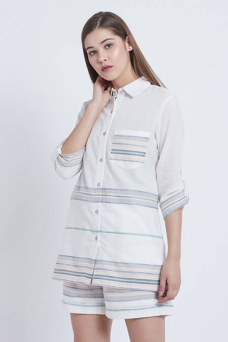 Buy Bohobi White Cotton Collared Loved By All Woven Shirt With Shorts Online at Aza Fashions Buy_Bohobi_White Cotton Collared Loved By All Woven Shirt With Shorts _Online_at_Aza_Fashions