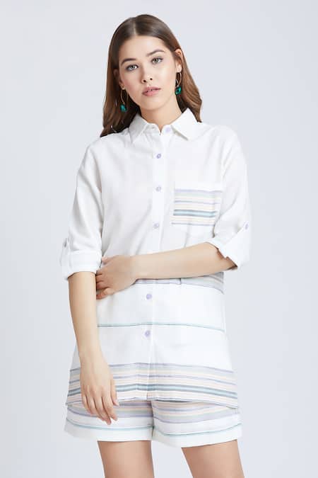 Bohobi White Cotton Collared Loved By All Woven Shirt With Shorts at Aza Fashions Bohobi_White Cotton Collared Loved By All Woven Shirt With Shorts _at_Aza_Fashions