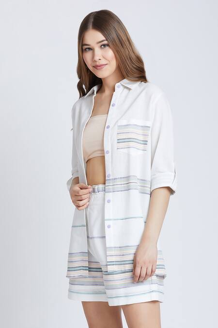 Shop Bohobi White Cotton Collared Loved By All Woven Shirt With Shorts Shop_Bohobi_White Cotton Collared Loved By All Woven Shirt With Shorts