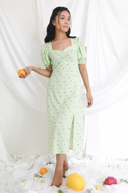 Bohobi Green Cotton Printed Lime V-neck Melody Slit Dress 