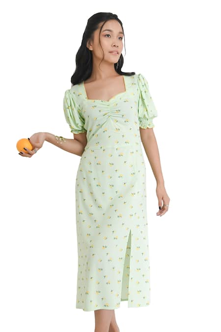 Bohobi Green Cotton V-neck Melody Lime Print Slit Dress Online at Aza Fashions Bohobi_Green Cotton V-neck Melody Lime Print Slit Dress _Online_at_Aza_Fashions
