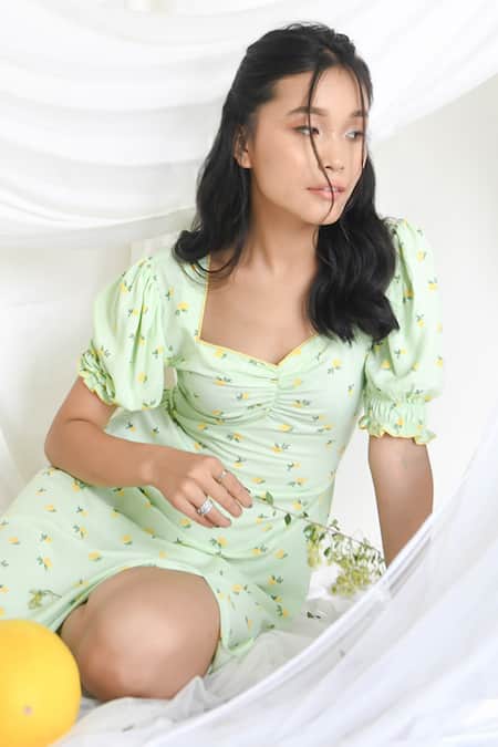 Shop Bohobi Green Cotton V-neck Melody Lime Print Slit Dress Online at Aza Fashions Shop_Bohobi_Green Cotton V-neck Melody Lime Print Slit Dress _Online_at_Aza_Fashions