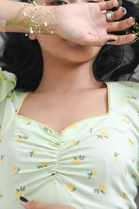 Bohobi Green Cotton V-neck Melody Lime Print Slit Dress at Aza Fashions Bohobi_Green Cotton V-neck Melody Lime Print Slit Dress _at_Aza_Fashions