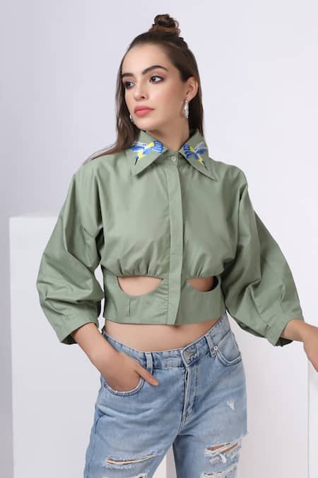 Shop Bohobi Green Cotton Embroidery Collared Placed Cut-out Crop Shirt at Aza Fashions Shop_Bohobi_Green Cotton Embroidery Collared Placed Cut-out Crop Shirt _at_Aza_Fashions