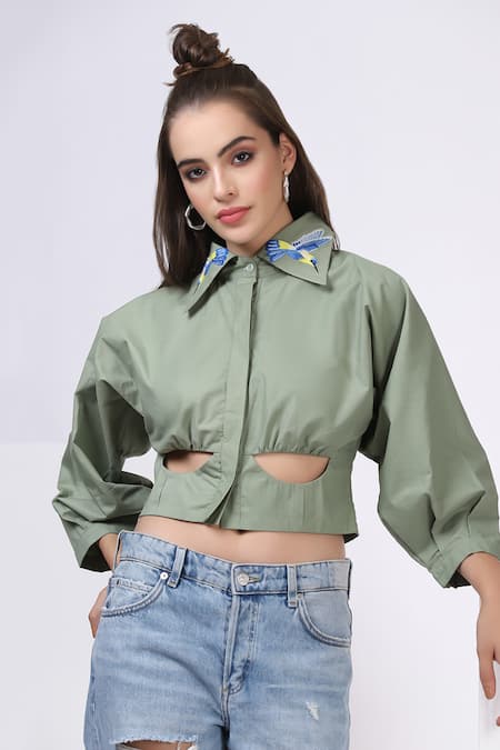 Bohobi Green Cotton Embroidery Collared Placed Cut-out Crop Shirt Online at Aza Fashions Bohobi_Green Cotton Embroidery Collared Placed Cut-out Crop Shirt _Online_at_Aza_Fashions