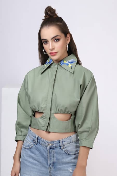 Buy Bohobi Green Cotton Embroidery Collared Placed Cut-out Crop Shirt Online at Aza Fashions Buy_Bohobi_Green Cotton Embroidery Collared Placed Cut-out Crop Shirt _Online_at_Aza_Fashions