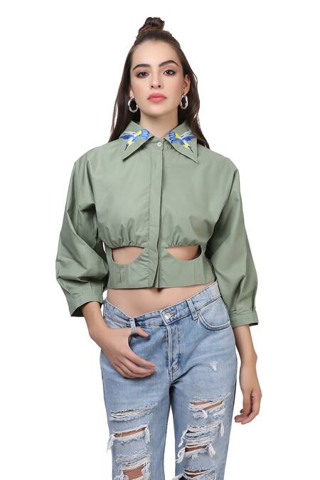 Shop Bohobi Green Cotton Embroidery Collared Placed Cut-out Crop Shirt Online at Aza Fashions Shop_Bohobi_Green Cotton Embroidery Collared Placed Cut-out Crop Shirt _Online_at_Aza_Fashions