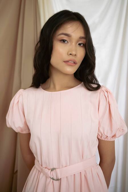 Shop Bohobi Pink Cotton Round Neck Tiered Dress Online at Aza Fashions Shop_Bohobi_Pink Cotton Round Neck Tiered Dress _Online_at_Aza_Fashions