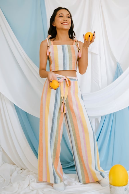 Bohobi Multi Color Cotton Printed Stripe Square Playful Crop Top And Pant Set 