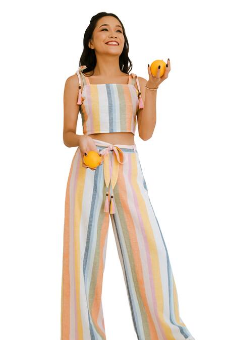 Bohobi_Multi Color Cotton Tassels Square Neck Playful Stripe Print Crop Top And Pant Set _Online_at_Aza_Fashions