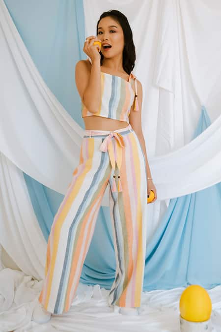 Buy_Bohobi_Multi Color Cotton Tassels Square Neck Playful Stripe Print Crop Top And Pant Set _Online_at_Aza_Fashions