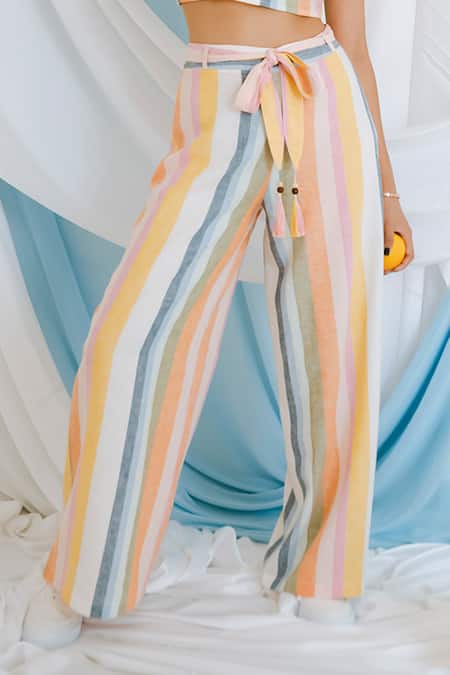Shop_Bohobi_Multi Color Cotton Tassels Square Neck Playful Stripe Print Crop Top And Pant Set _Online_at_Aza_Fashions